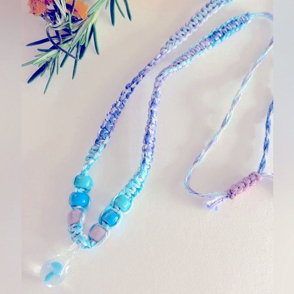 NWOT necklace Mushroom handblown glass turquoise, blues, lilac crocheted strands